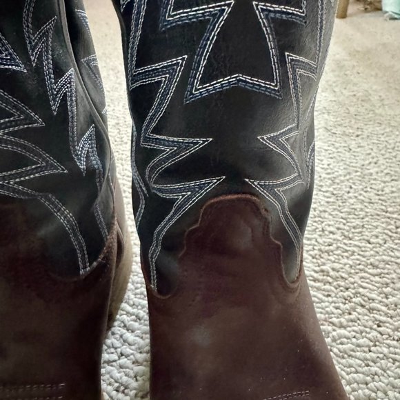 Nocona brown & black leather square toe Western cowboy boots, men's size 9D - Picture 6 of 14